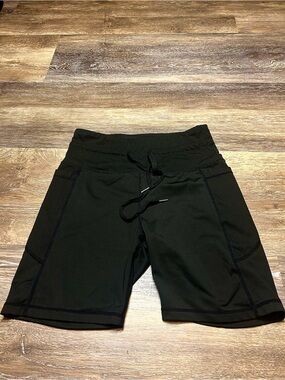Black Ribbed Panel Athletic Biker Shorts Drawstring High Waist